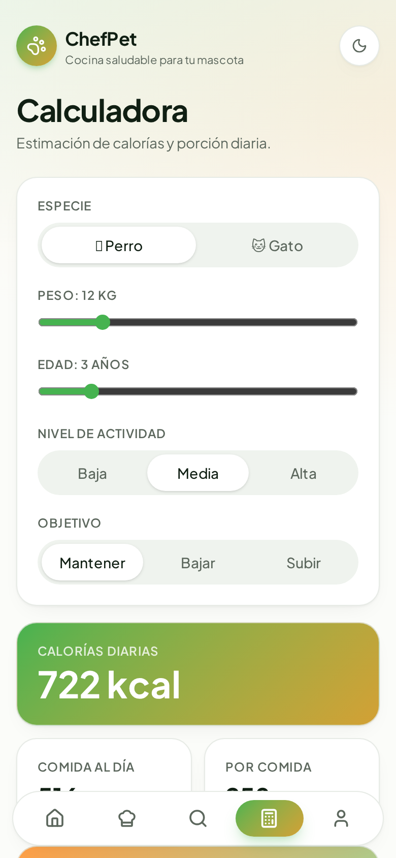Calculadora de porciones de ChefPet