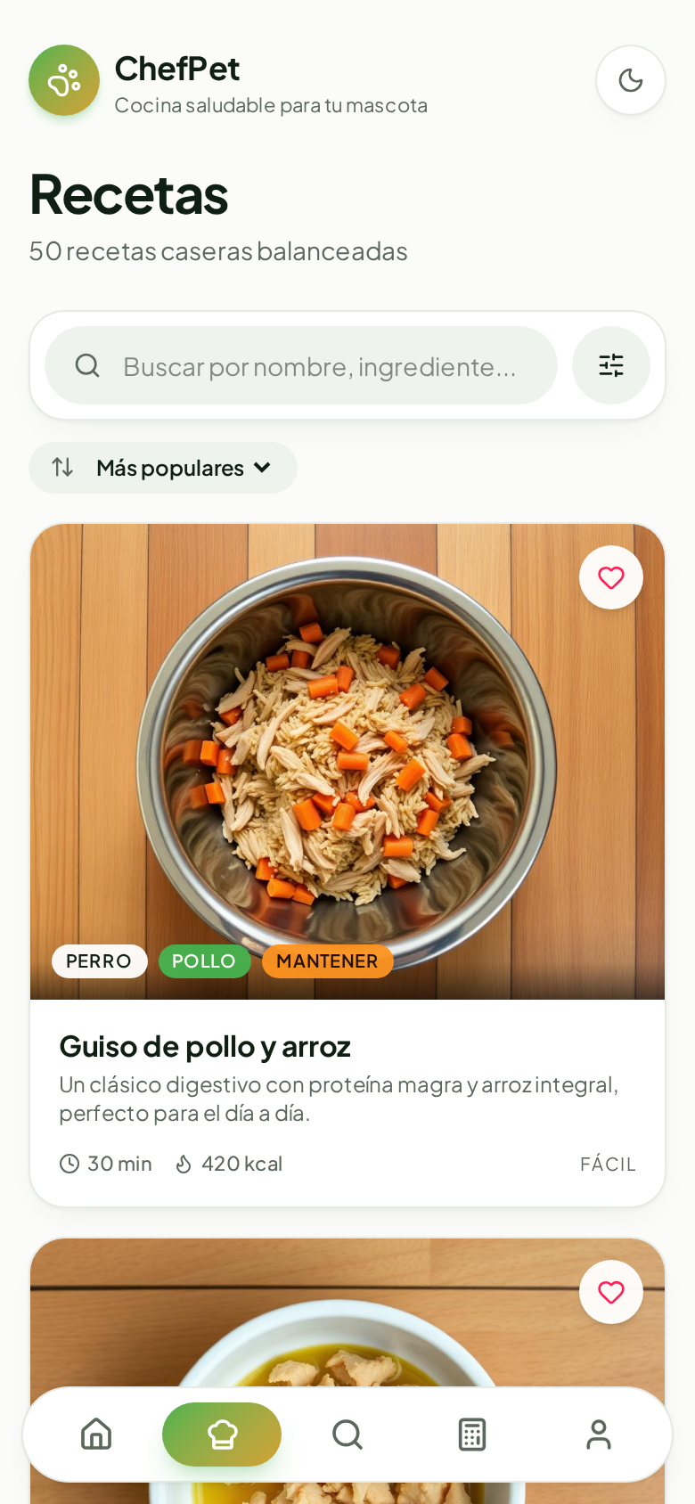 Pantalla de recetas de la app ChefPet