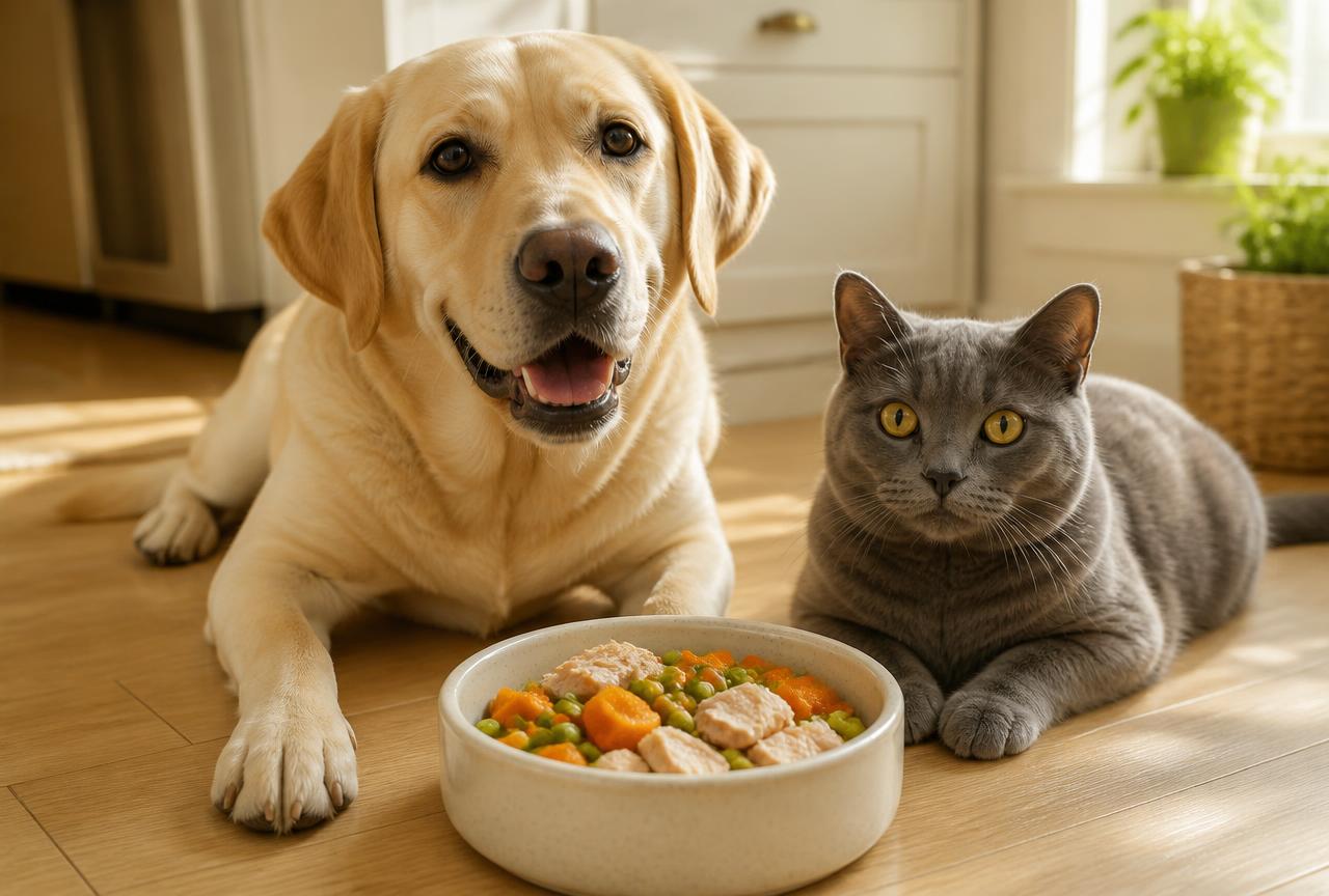 Perro y gato felices junto a un comedero con comida casera saludable