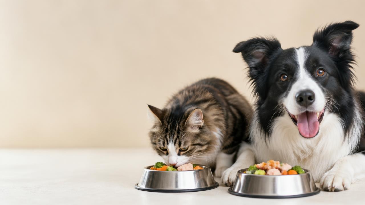Perro y gato comiendo comida casera saludable en comederos para mascotas