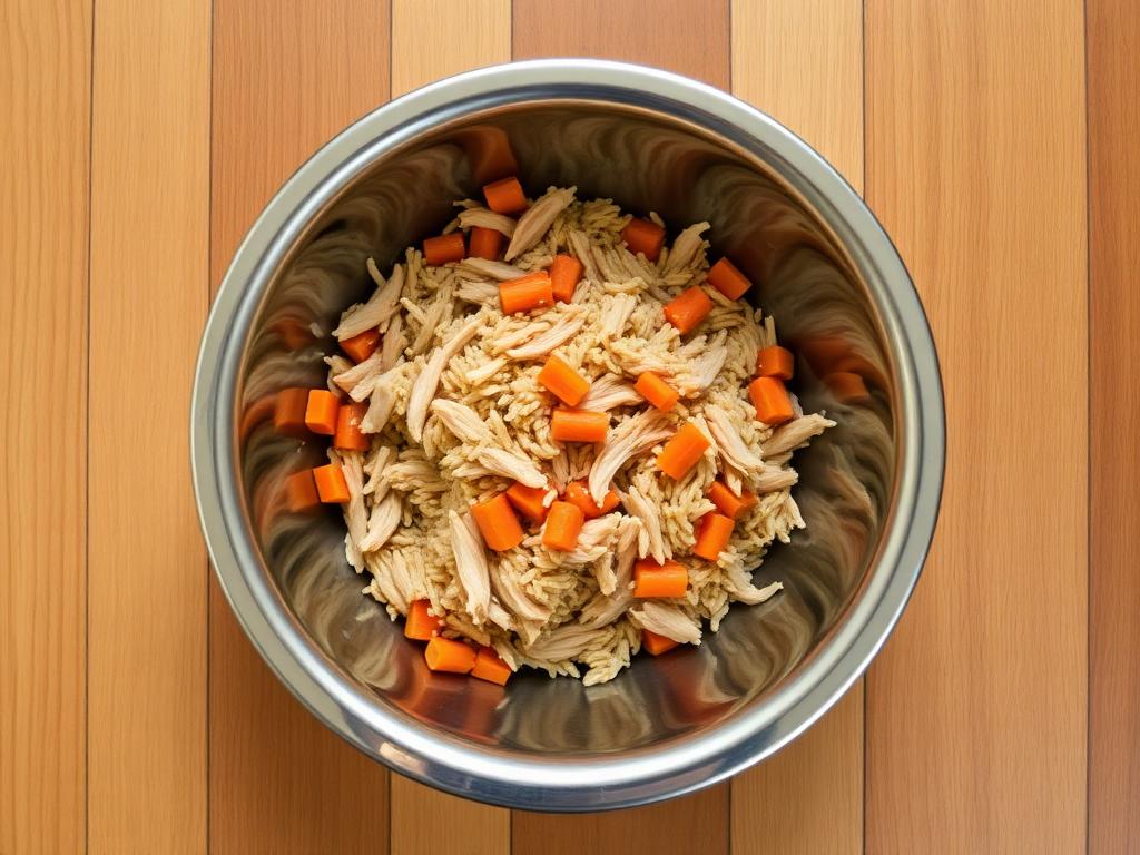Pollo con arroz y verduras servido en comedero para mascota