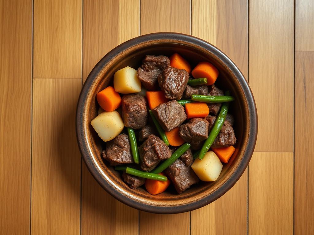 Carne con vegetales servido en comedero para mascota