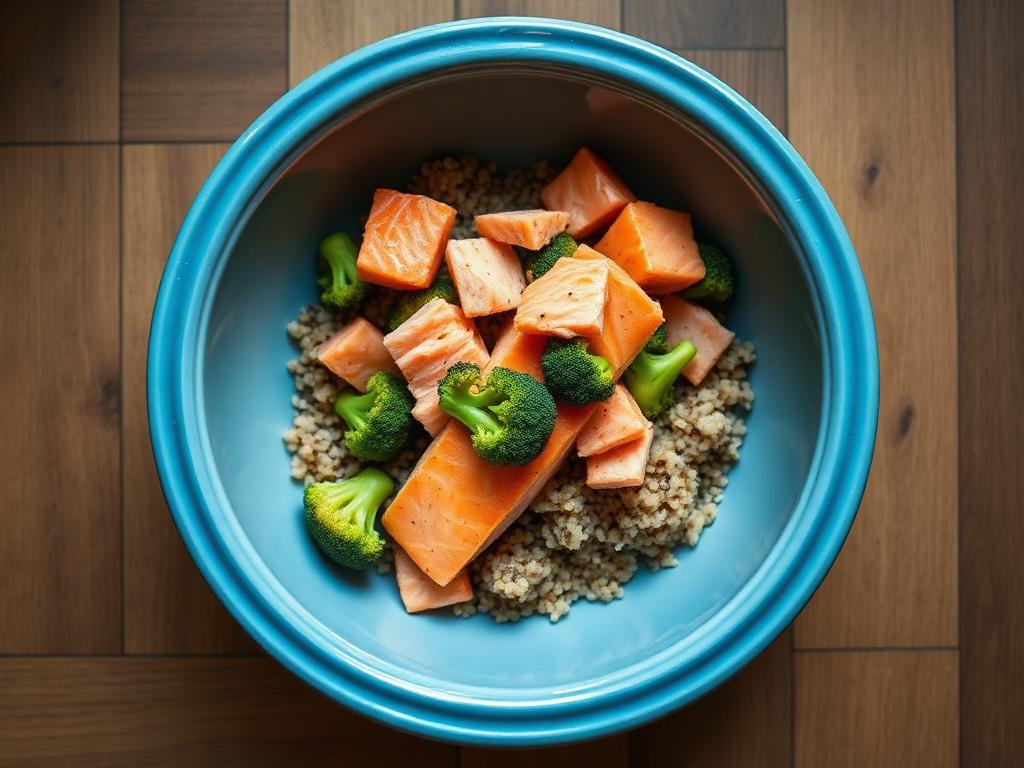 Salmón con verduras servido en comedero para mascota